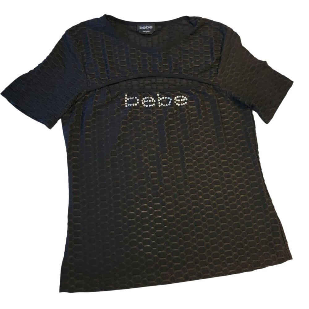 Bebe Top SS Black Open Peep Cleavage Front Crystal Logo Sz L‎ Ribbed Shirt